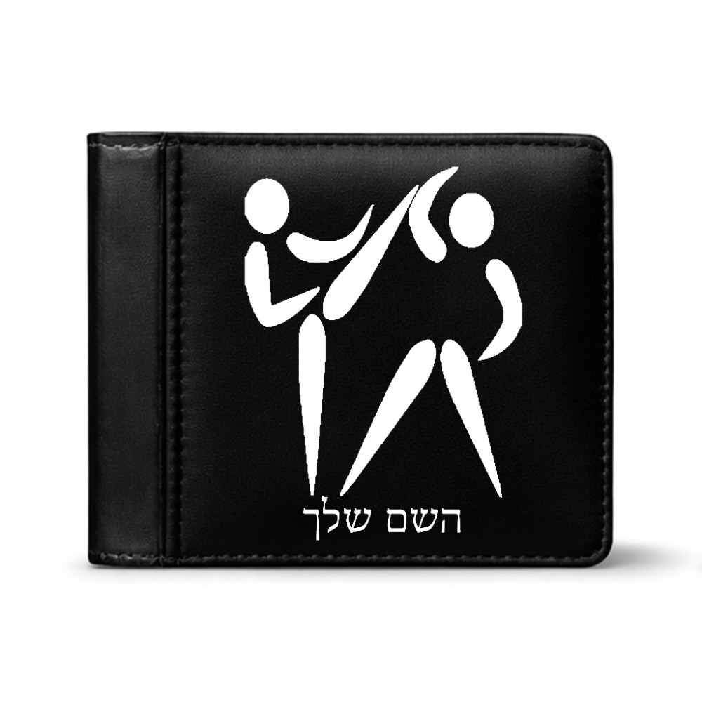 ארנק עור שחור בעיצוב אישי עם השם שלך בעיצוב לוחמים אולימפיים מידות הארנק 9.5 × 11 ס"מ