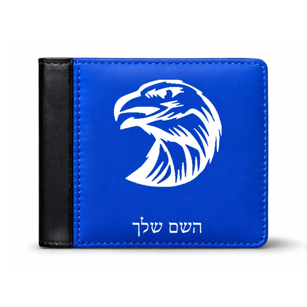 ארנק עור שחור בעיצוב אישי עם השם שלך בעיצוב ראש נשר מידות הארנק 9.5 × 11 ס"מ
