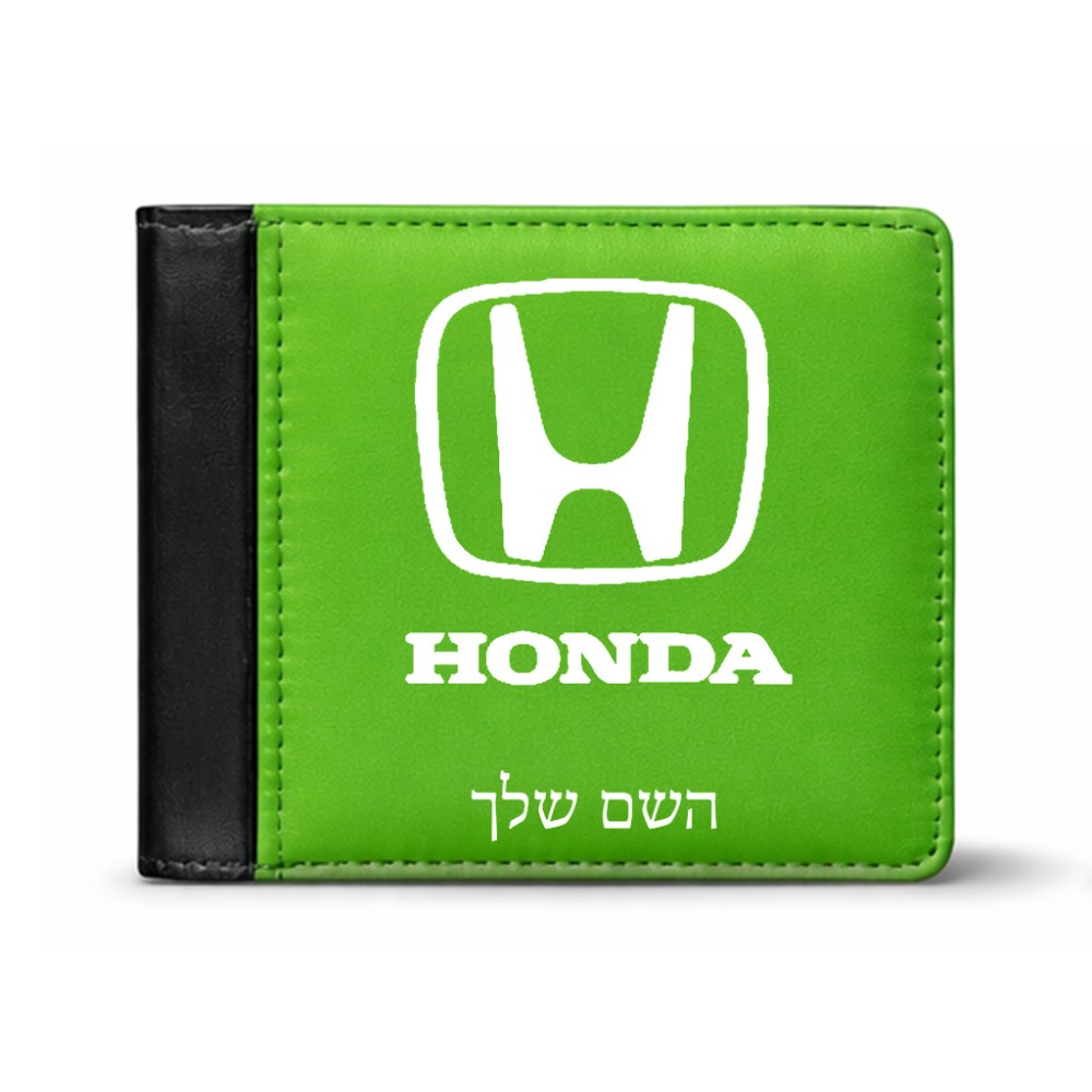 ארנק עור שחור בעיצוב אישי עם השם שלך בעיצוב הונדה 2 מידות הארנק 9.5 × 11 ס"מ