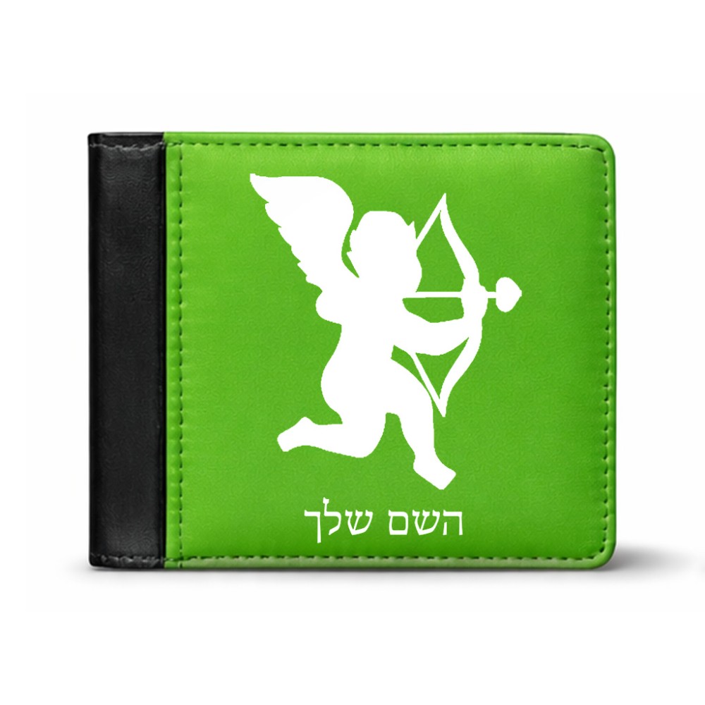 ארנק עור שחור בעיצוב אישי עם השם שלך בעיצוב קופידון מידות הארנק 9.5 × 11 ס"מ