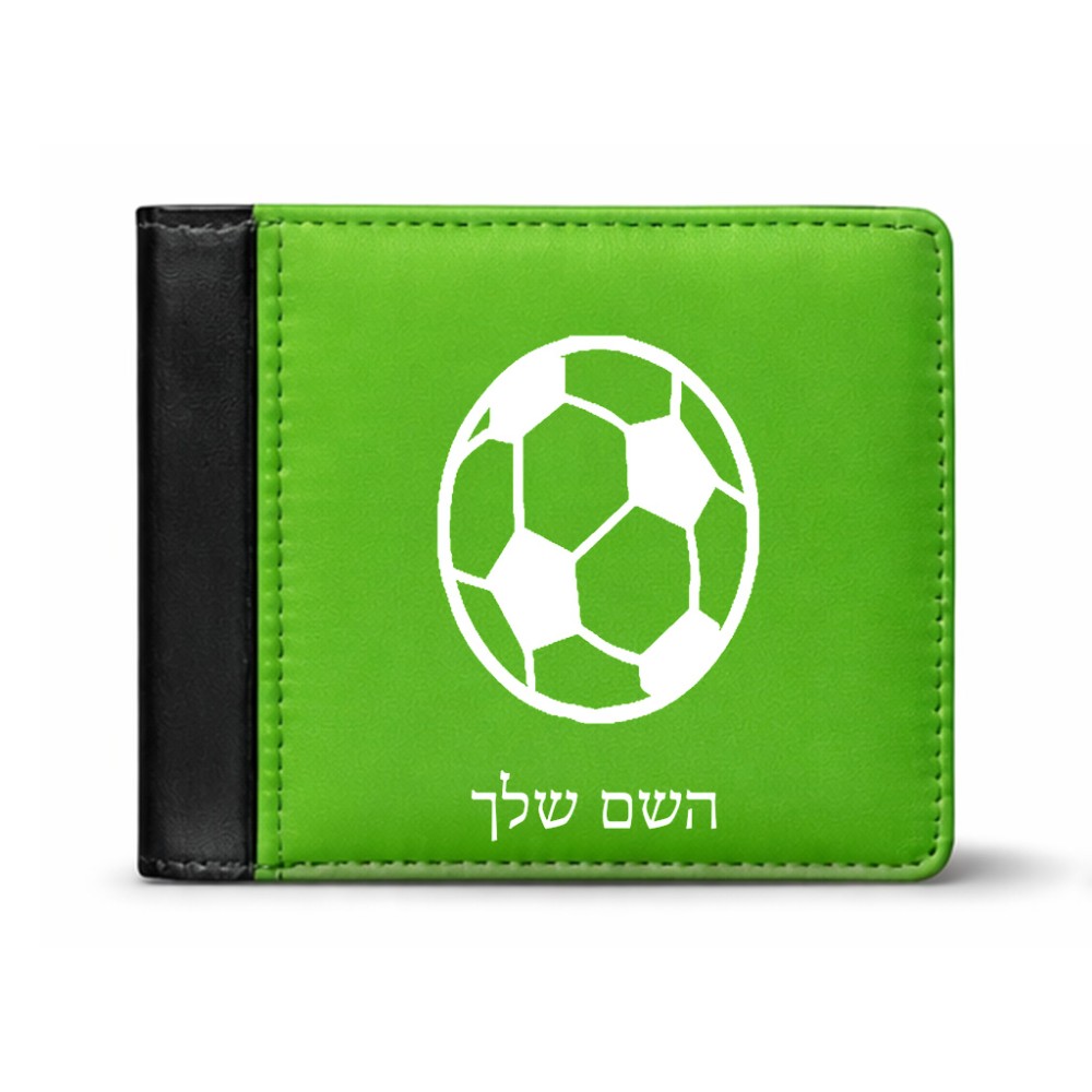 ארנק עור שחור בעיצוב אישי עם השם שלך בעיצוב כדורגל כדור כדורגל מידות הארנק 9.5 × 11 ס"מ