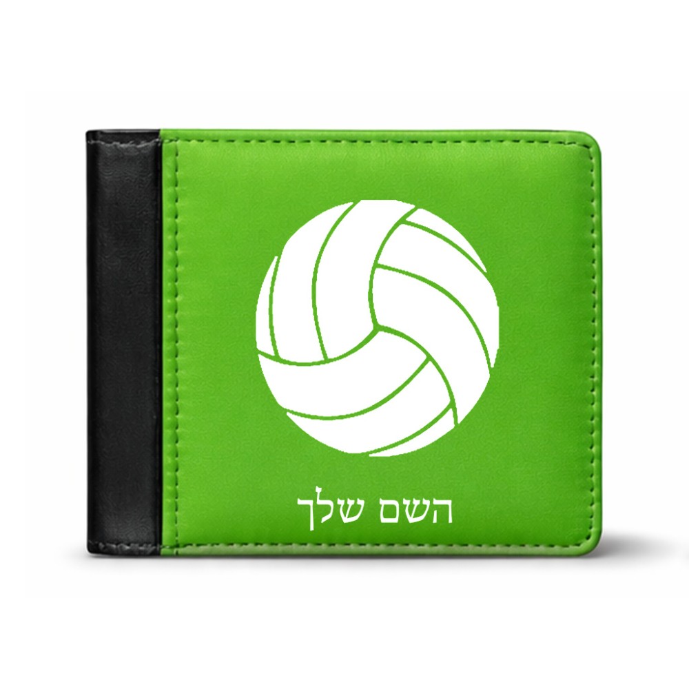 ארנק עור שחור בעיצוב אישי עם השם שלך בעיצוב כדור כדורעף מידות הארנק 9.5 × 11 ס"מ