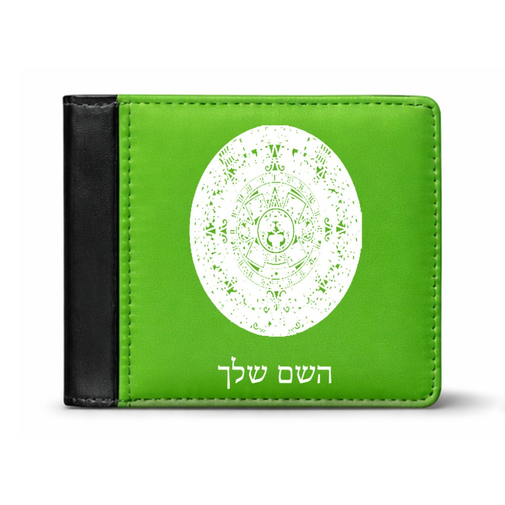 ארנק עור שחור בעיצוב אישי עם השם שלך בעיצוב לוח שנה אצטקי של המאיה מידות הארנק 9.5 × 11 ס"מ