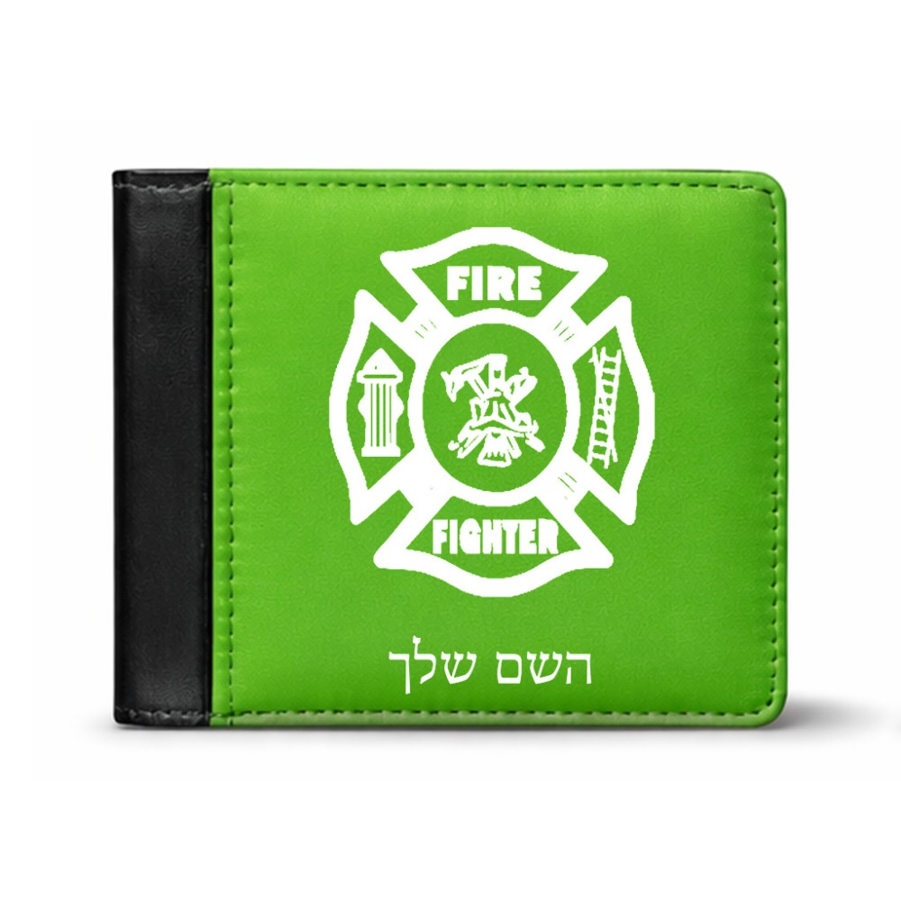 ארנק עור שחור בעיצוב אישי עם השם שלך בעיצוב כבאי - תגית מידות הארנק 9.5 × 11 ס"מ