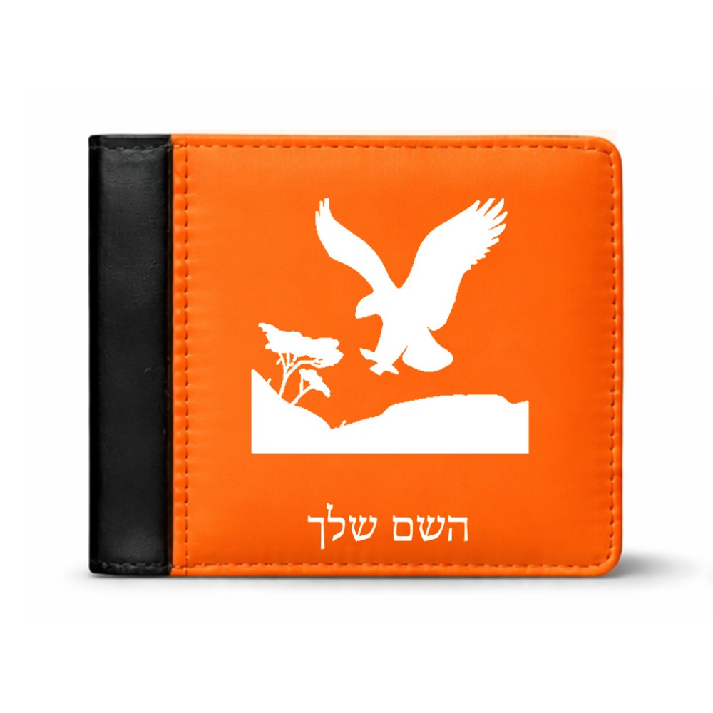 ארנק עור שחור בעיצוב אישי עם השם שלך בעיצוב נשר אמריקאי מידות הארנק 9.5 × 11 ס"מ