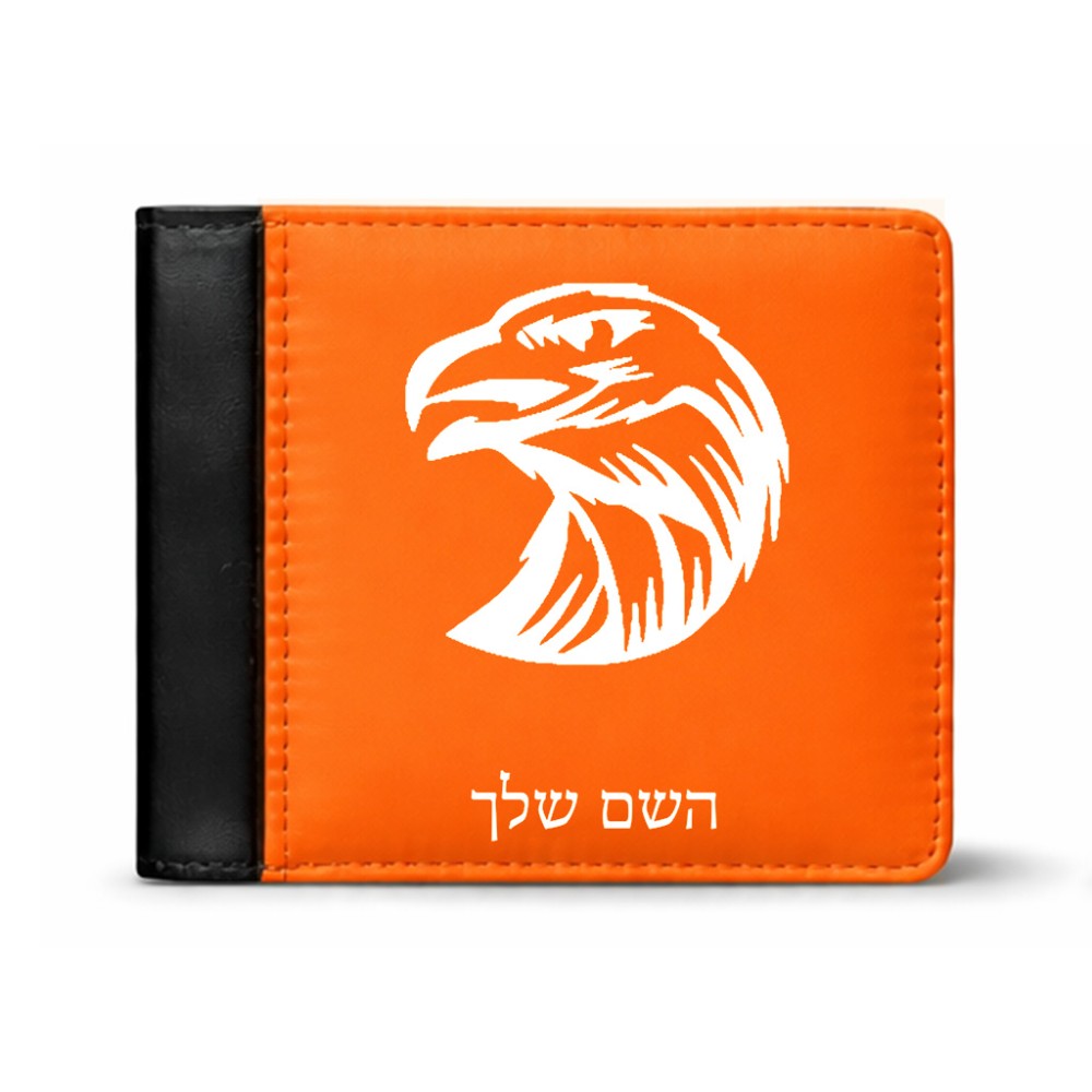 ארנק עור שחור בעיצוב אישי עם השם שלך בעיצוב ראש נשר מידות הארנק 9.5 × 11 ס"מ