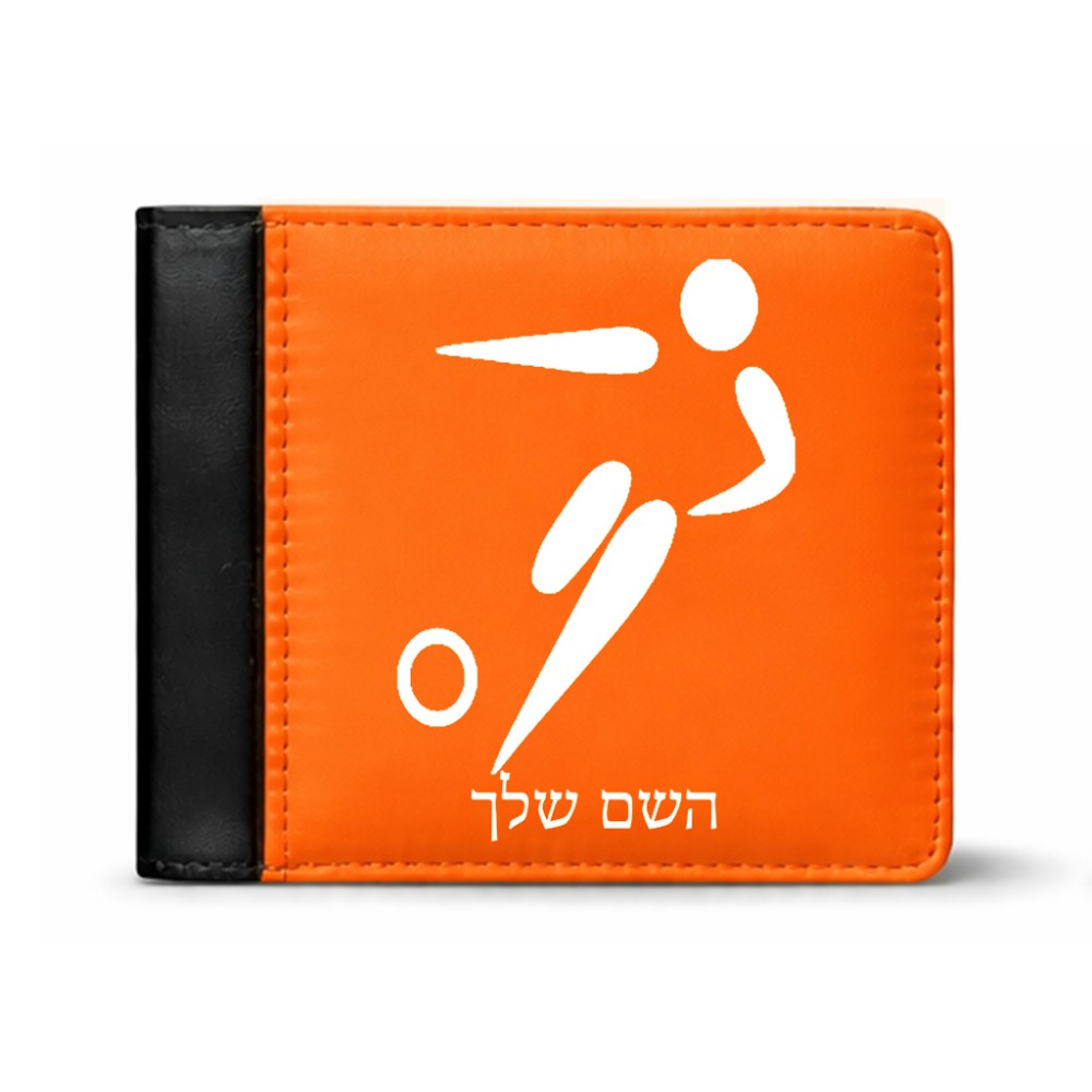 ארנק עור שחור בעיצוב אישי עם השם שלך בעיצוב כדורגל אולימפי מידות הארנק 9.5 × 11 ס"מ