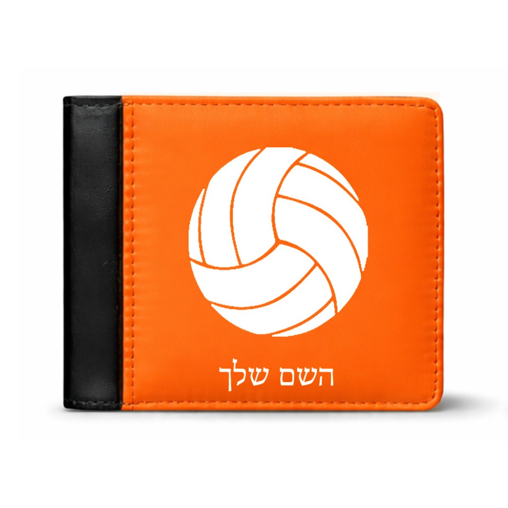 ארנק עור שחור בעיצוב אישי עם השם שלך בעיצוב כדור כדורעף מידות הארנק 9.5 × 11 ס"מ