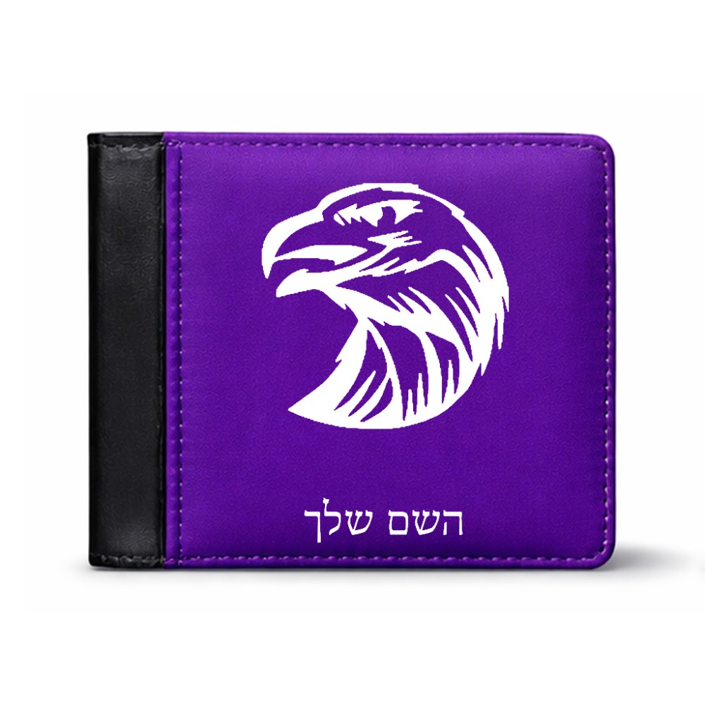 ארנק עור שחור בעיצוב אישי עם השם שלך בעיצוב ראש נשר מידות הארנק 9.5 × 11 ס"מ