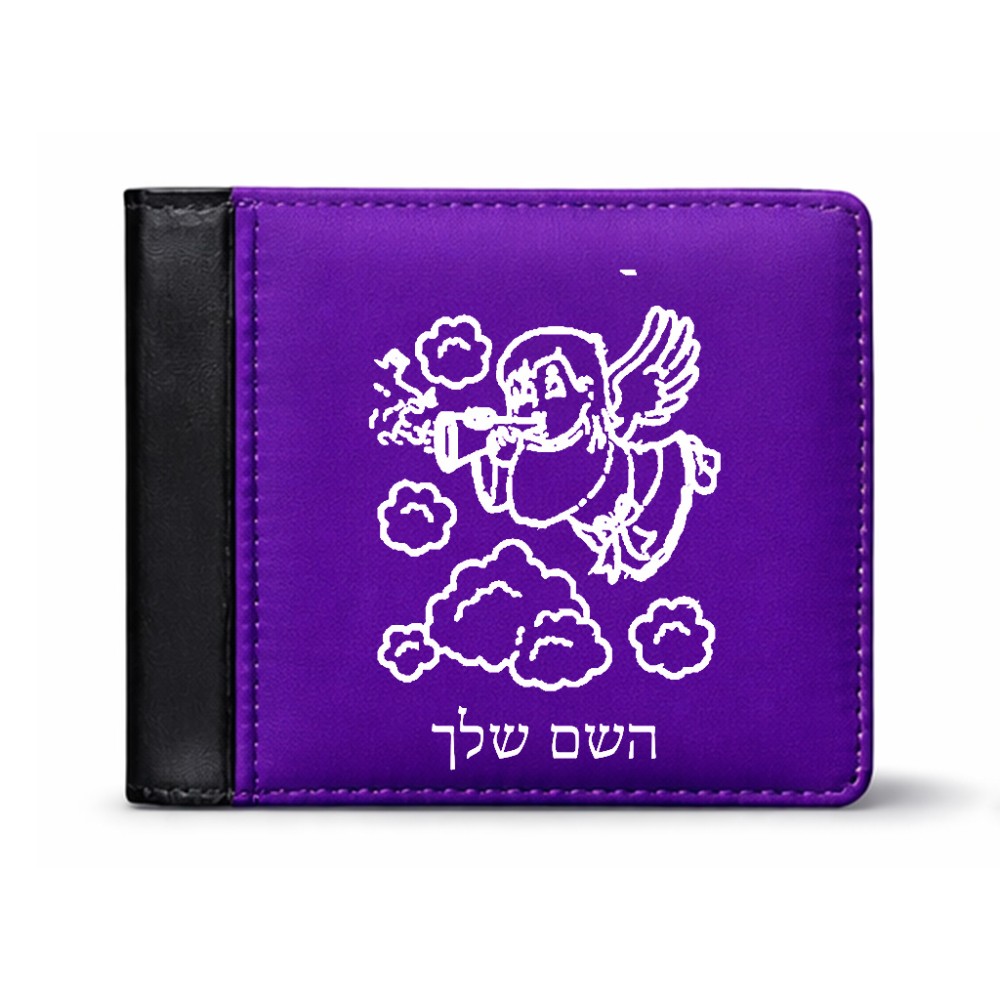 ארנק עור שחור בעיצוב אישי עם השם שלך בעיצוב מחזמר אנג'ל 2 מידות הארנק 9.5 × 11 ס"מ