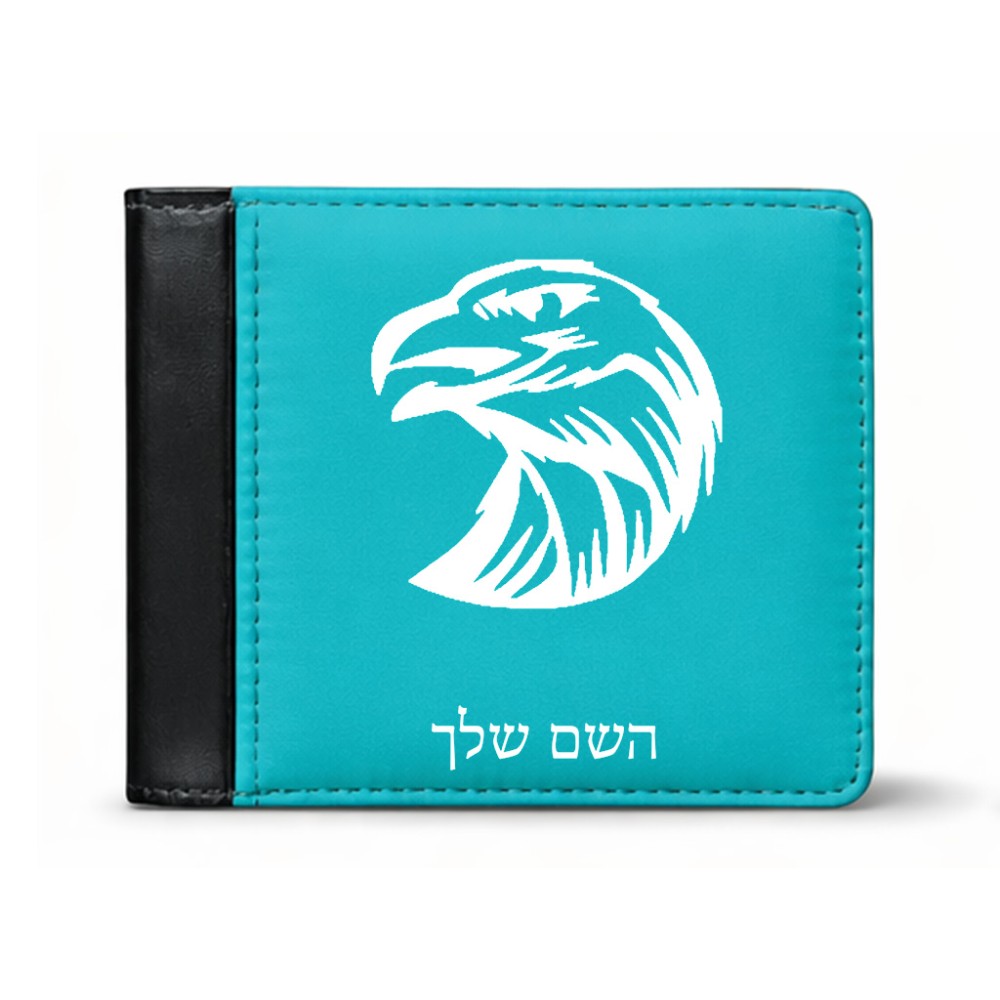 ארנק עור שחור בעיצוב אישי עם השם שלך בעיצוב ראש נשר מידות הארנק 9.5 × 11 ס"מ