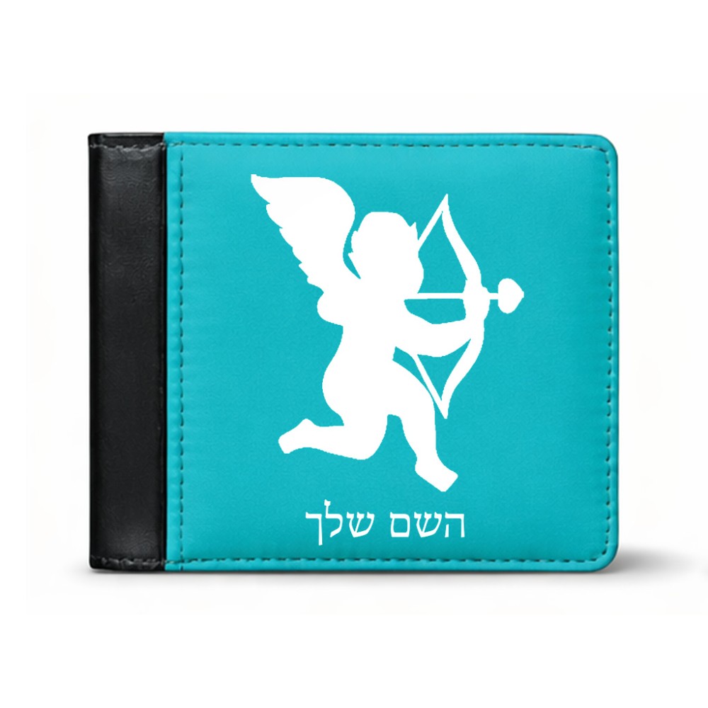 ארנק עור שחור בעיצוב אישי עם השם שלך בעיצוב קופידון מידות הארנק 9.5 × 11 ס"מ