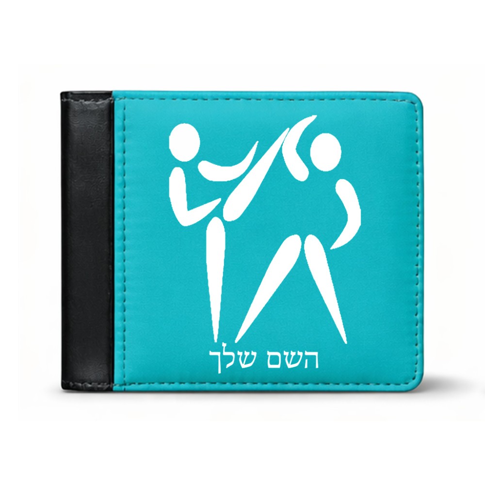 ארנק עור שחור בעיצוב אישי עם השם שלך בעיצוב לוחמים אולימפיים מידות הארנק 9.5 × 11 ס"מ