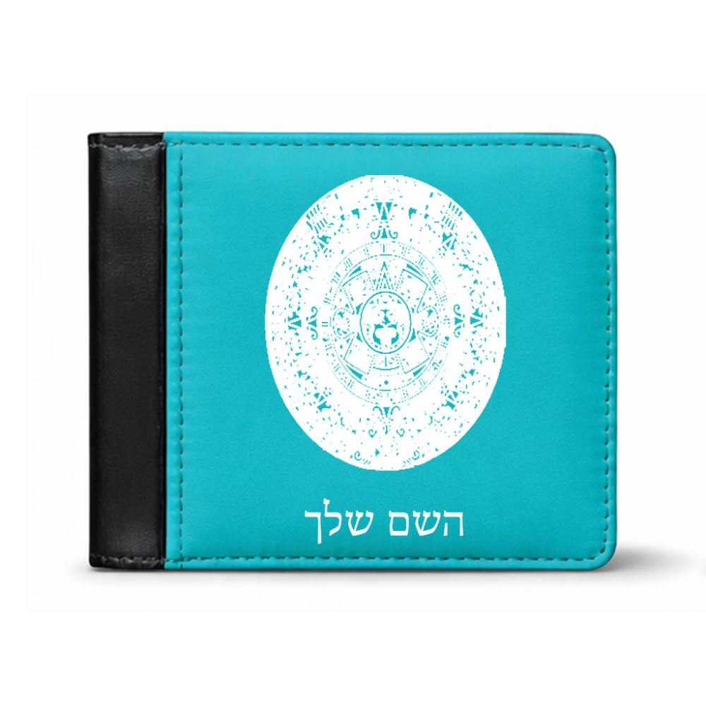 ארנק עור שחור בעיצוב אישי עם השם שלך בעיצוב לוח שנה אצטקי של המאיה מידות הארנק 9.5 × 11 ס"מ