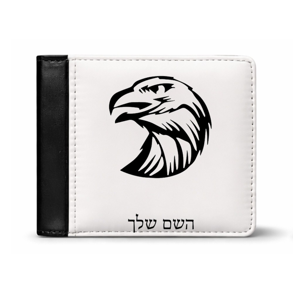 ארנק עור שחור בעיצוב אישי עם השם שלך בעיצוב ראש נשר מידות הארנק 9.5 × 11 ס"מ