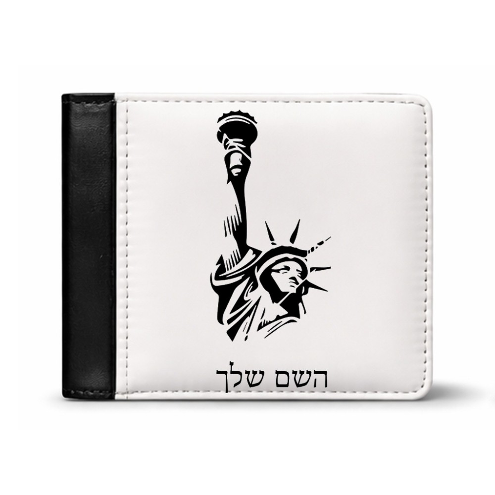 ארנק עור שחור בעיצוב אישי עם השם שלך בעיצוב פסל החירות מידות הארנק 9.5 × 11 ס"מ