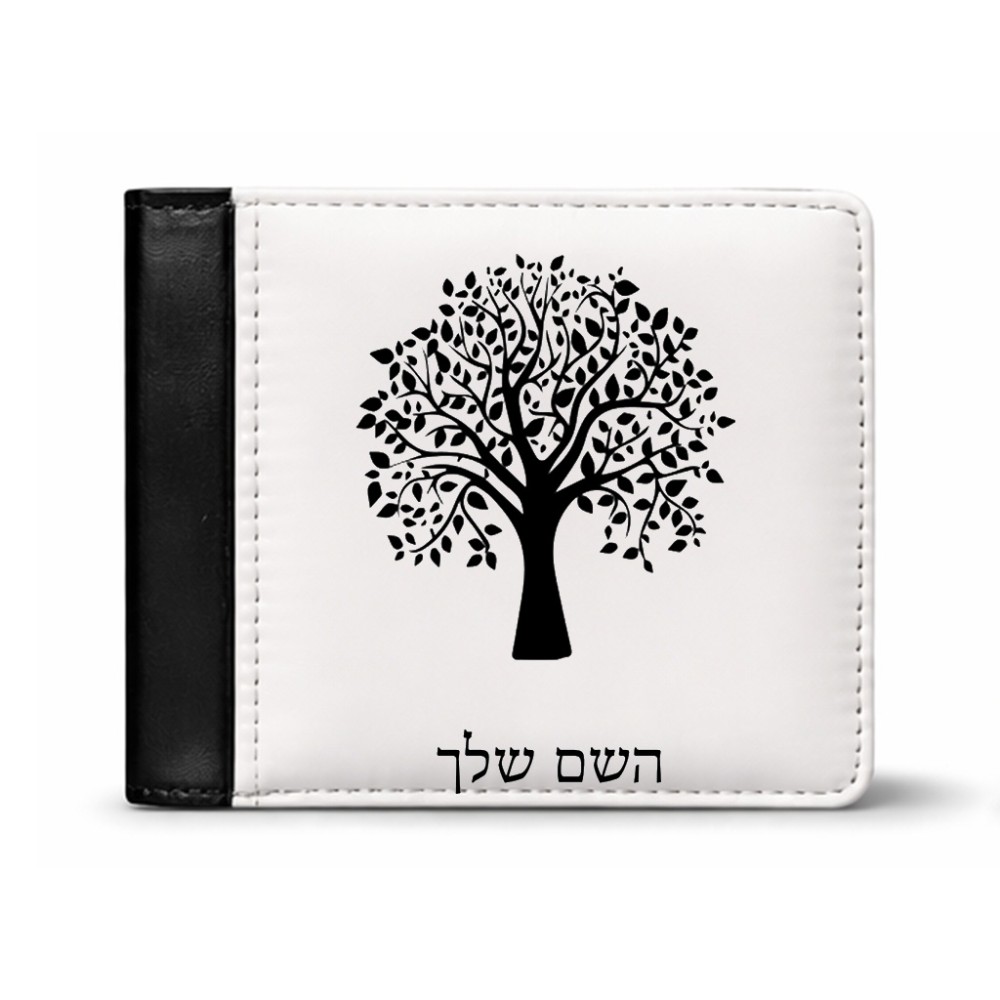 ארנק עור שחור בעיצוב אישי עם השם שלך בעיצוב עץ מידות הארנק 9.5 × 11 ס"מ