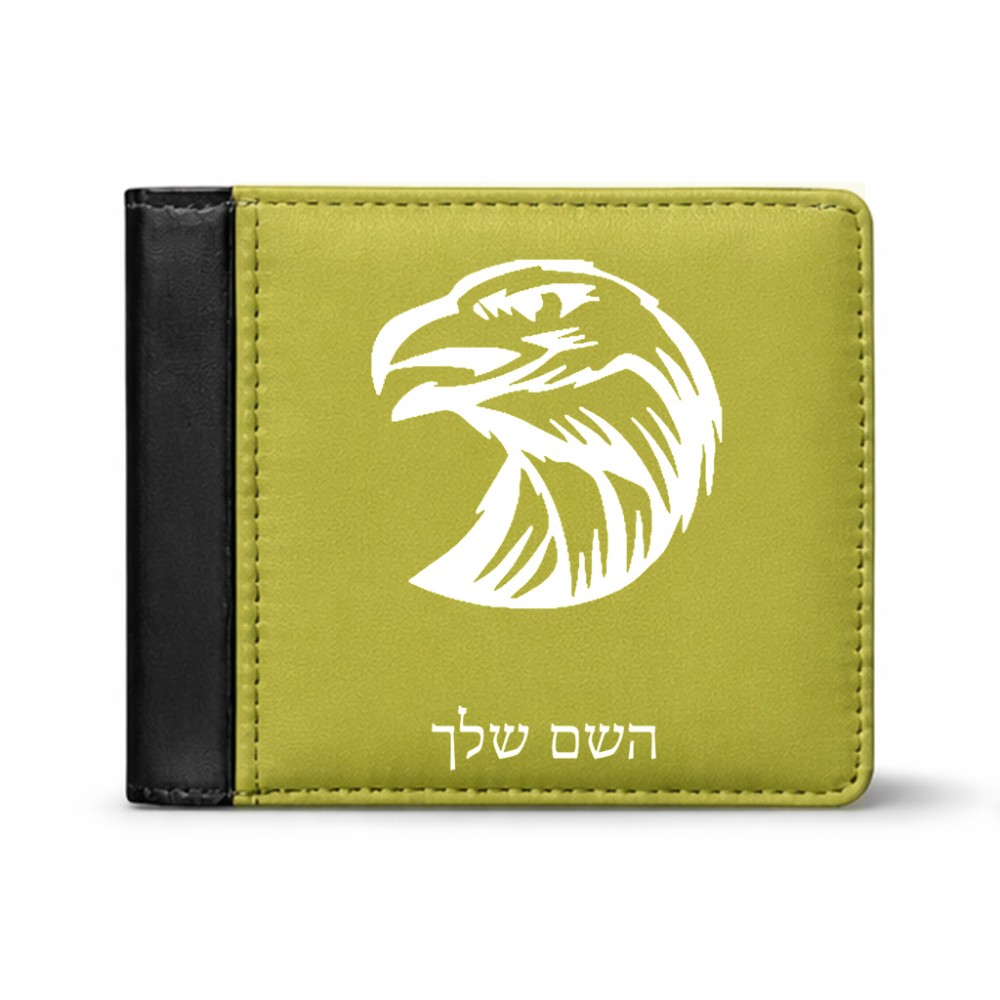 ארנק עור שחור בעיצוב אישי עם השם שלך בעיצוב ראש נשר מידות הארנק 9.5 × 11 ס"מ