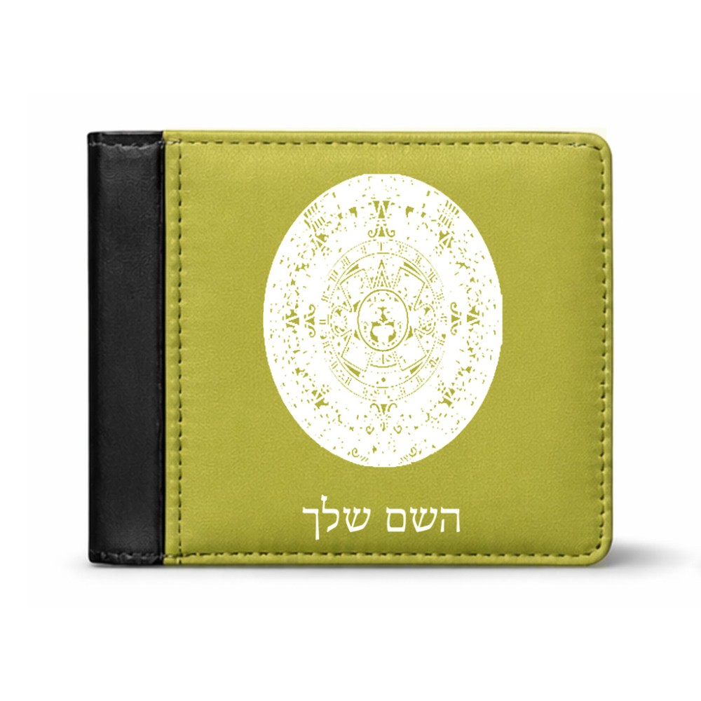 ארנק עור שחור בעיצוב אישי עם השם שלך בעיצוב לוח שנה אצטקי של המאיה מידות הארנק 9.5 × 11 ס"מ