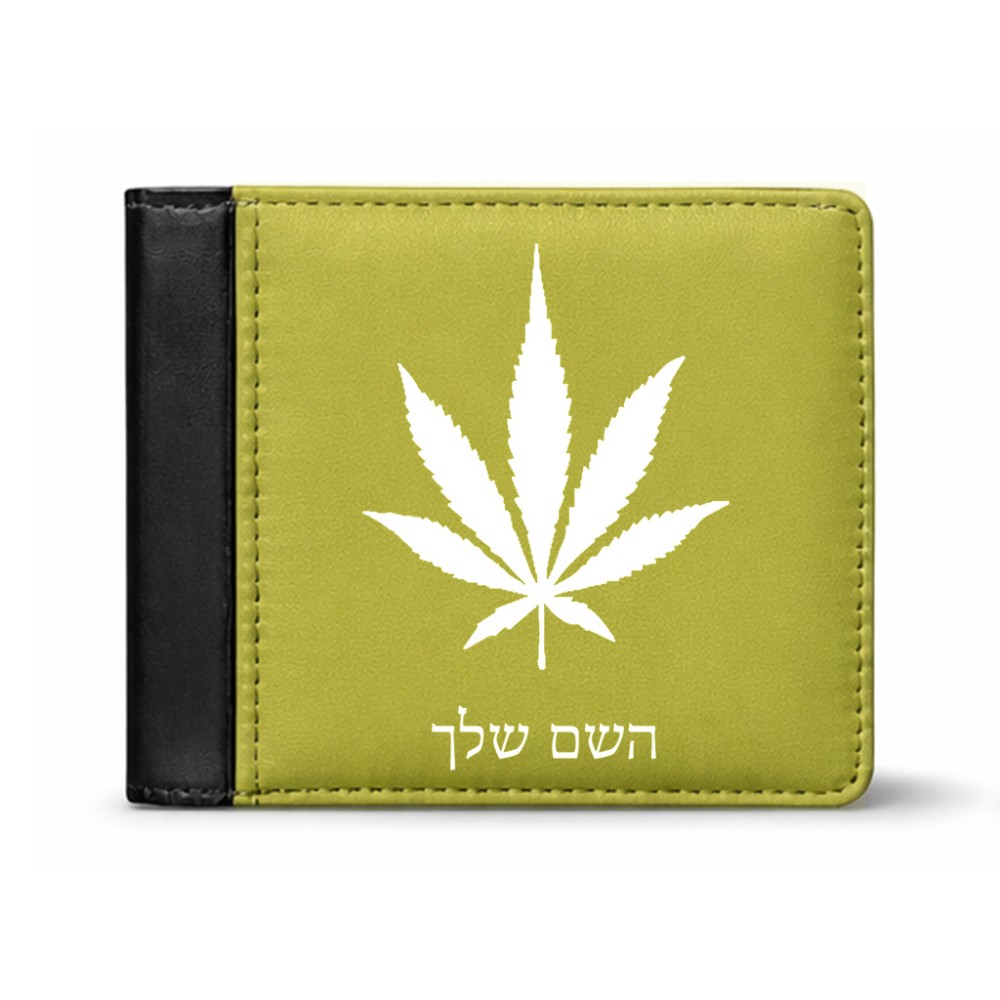 ארנק עור שחור בעיצוב אישי עם השם שלך בעיצוב עלה מריחואנה - גראס מידות הארנק 9.5 × 11 ס"מ