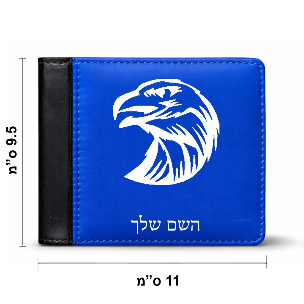 ארנק עור שחור בעיצוב אישי עם השם שלך בעיצוב ראש נשר מידות הארנק 9.5 × 11 ס"מ