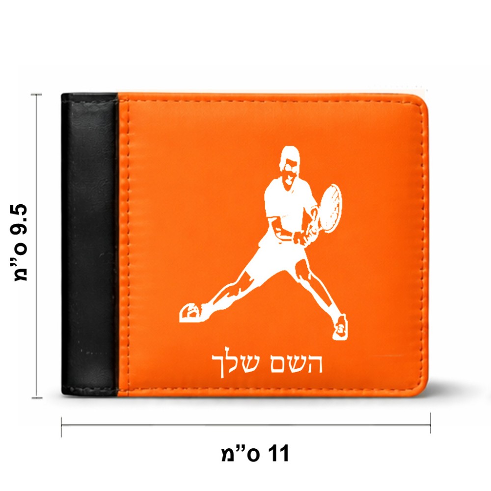 ארנק עור שחור בעיצוב אישי עם השם שלך בעיצוב שחקן טניס מידות הארנק 9.5 × 11 ס"מ