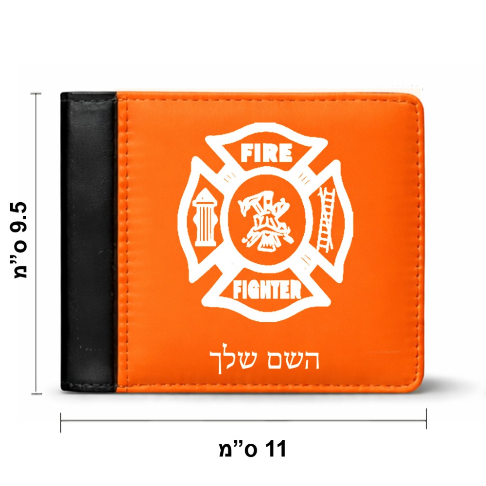ארנק עור שחור בעיצוב אישי עם השם שלך בעיצוב כבאי - תגית מידות הארנק 9.5 × 11 ס"מ