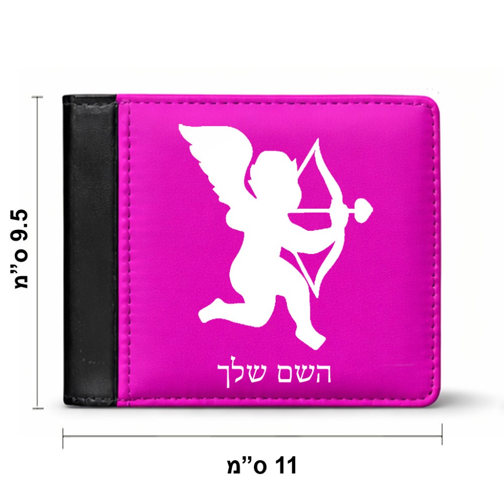 ארנק עור שחור בעיצוב אישי עם השם שלך בעיצוב קופידון מידות הארנק 9.5 × 11 ס"מ