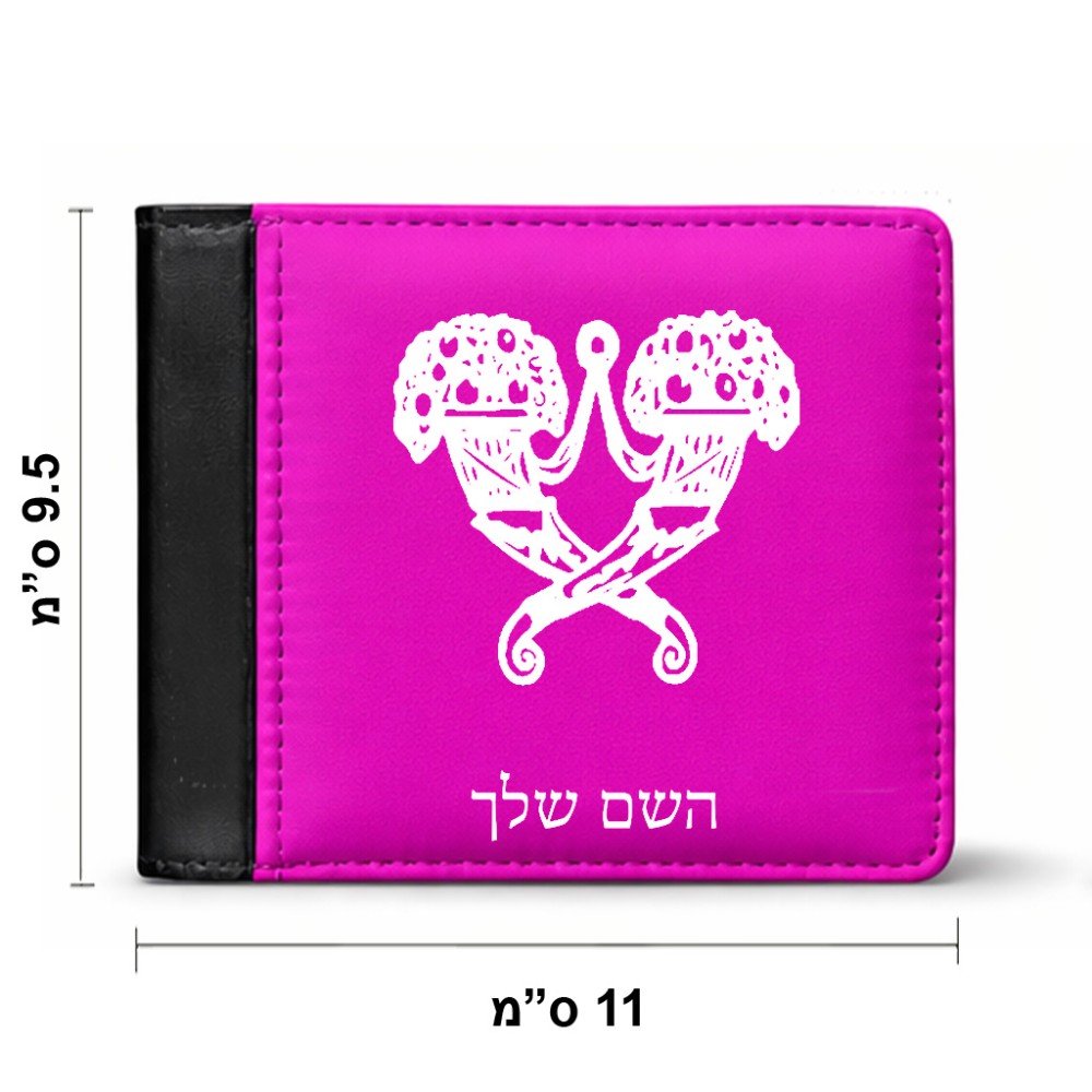 ארנק עור שחור בעיצוב אישי עם השם שלך בעיצוב פרחי קרן מידות הארנק 9.5 × 11 ס"מ