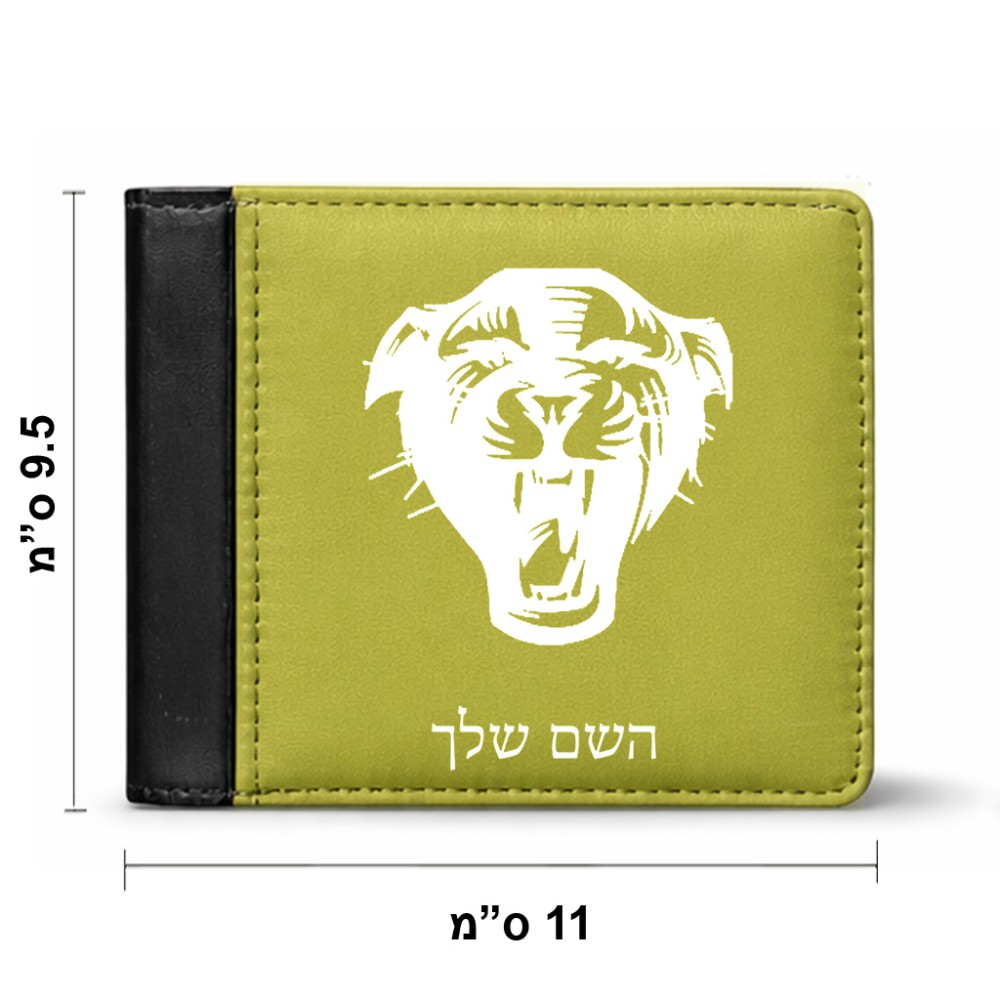 ארנק עור שחור בעיצוב אישי עם השם שלך בעיצוב פני פנטרה מידות הארנק 9.5 × 11 ס"מ