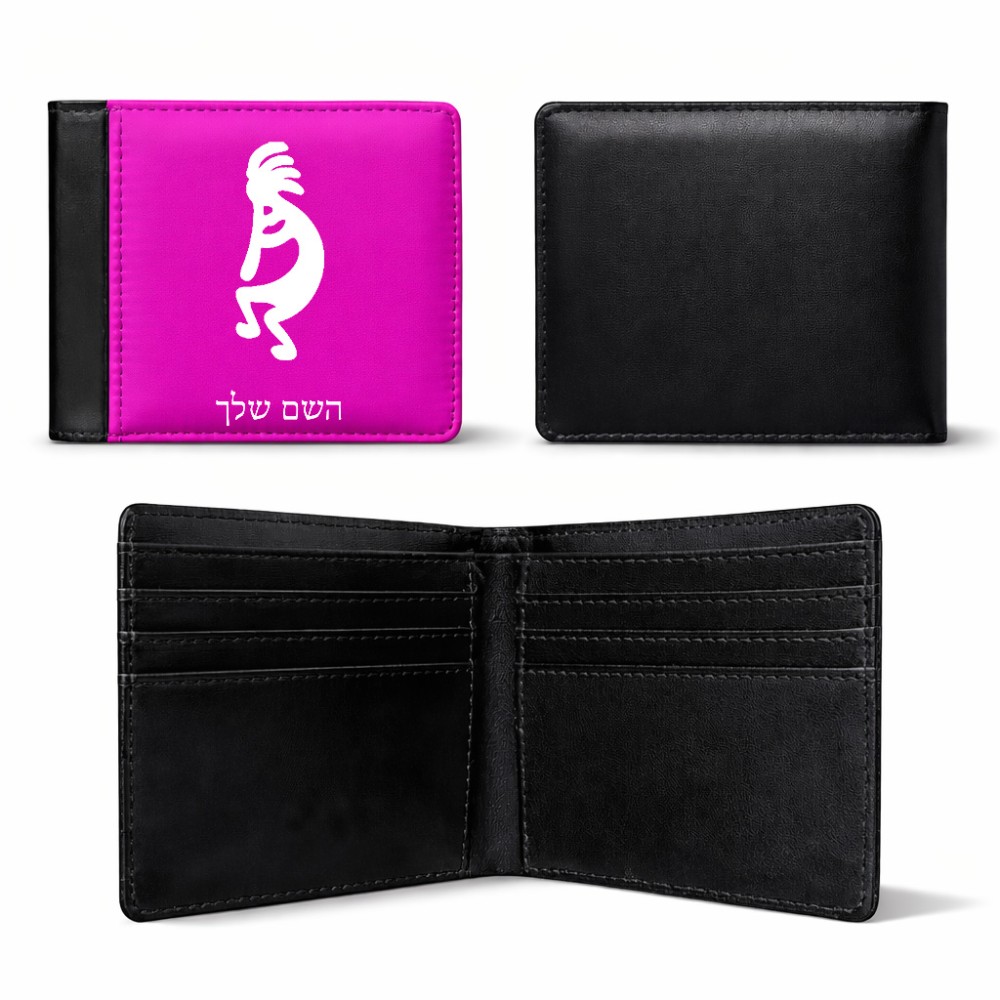 ארנק עור שחור בעיצוב אישי עם השם שלך בעיצוב קוקופלי מידות הארנק 9.5 × 11 ס"מ