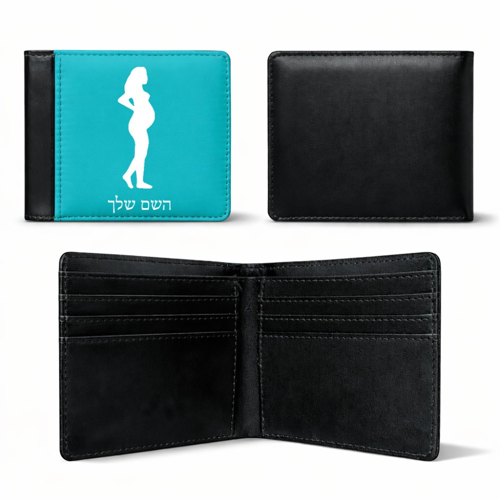 ארנק עור שחור בעיצוב אישי עם השם שלך בעיצוב אישה בהריון מידות הארנק 9.5 × 11 ס"מ