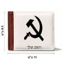 ארנק עור חום בעיצוב אישי עם השם שלך בעיצוב פטיש ומגל מידות הארנק 9.5 × 11 ס"מ