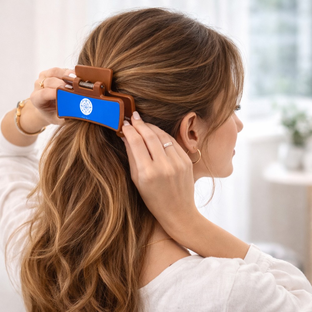 קליפס לשיער חום בעיצוב אישי עם השם שלך בעיצוב לוח שנה אצטקי של המאיה גודל 8 × 4 ס"מ