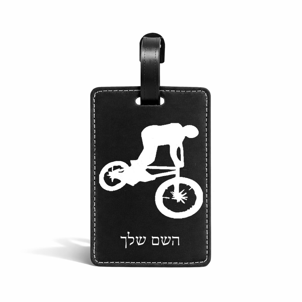תווית לסימון מזוודה \ תיק בעיצוב אישי עם השם שלך בעיצוב רוכב אופניים גודל 10.3 × 7 ס"מ