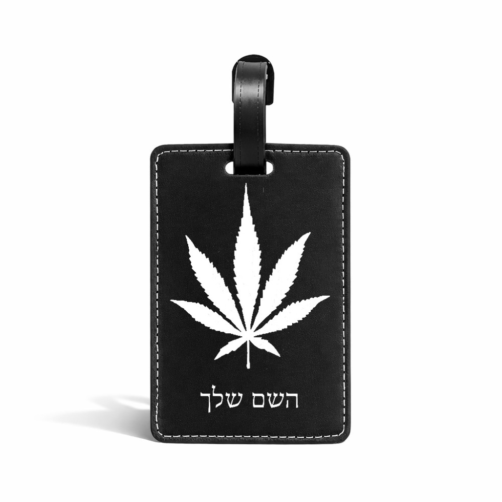 תווית לסימון מזוודה \ תיק בעיצוב אישי עם השם שלך בעיצוב עלה מריחואנה - גראס גודל 10.3 × 7 ס"מ