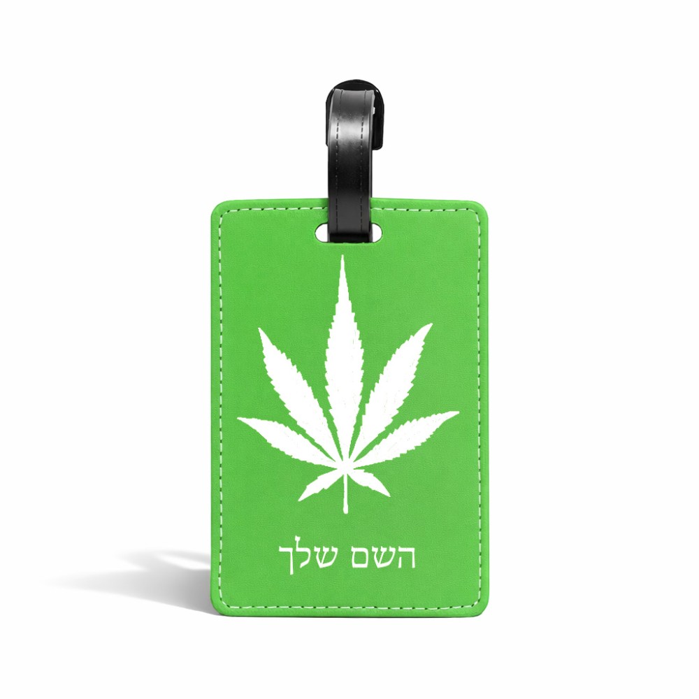 תווית לסימון מזוודה \ תיק בעיצוב אישי עם השם שלך בעיצוב עלה מריחואנה - גראס גודל 10.3 × 7 ס"מ
