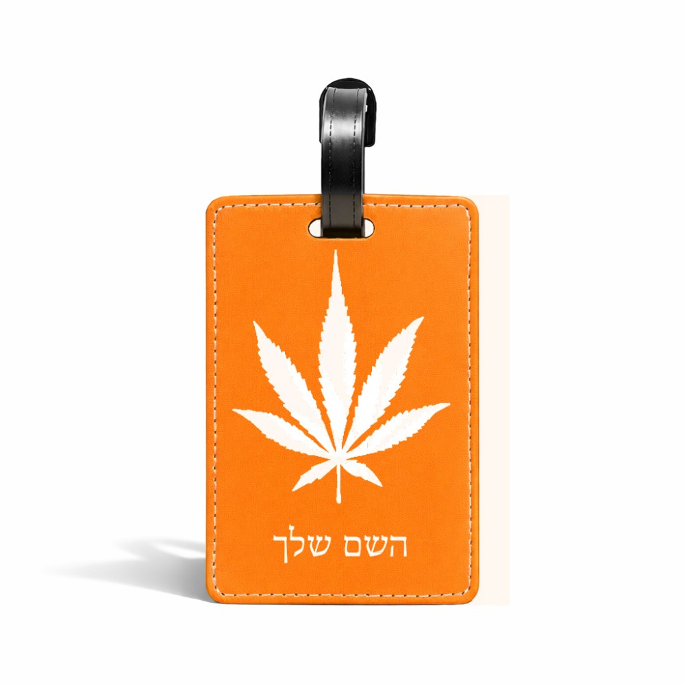 תווית לסימון מזוודה \ תיק בעיצוב אישי עם השם שלך בעיצוב עלה מריחואנה - גראס גודל 10.3 × 7 ס"מ