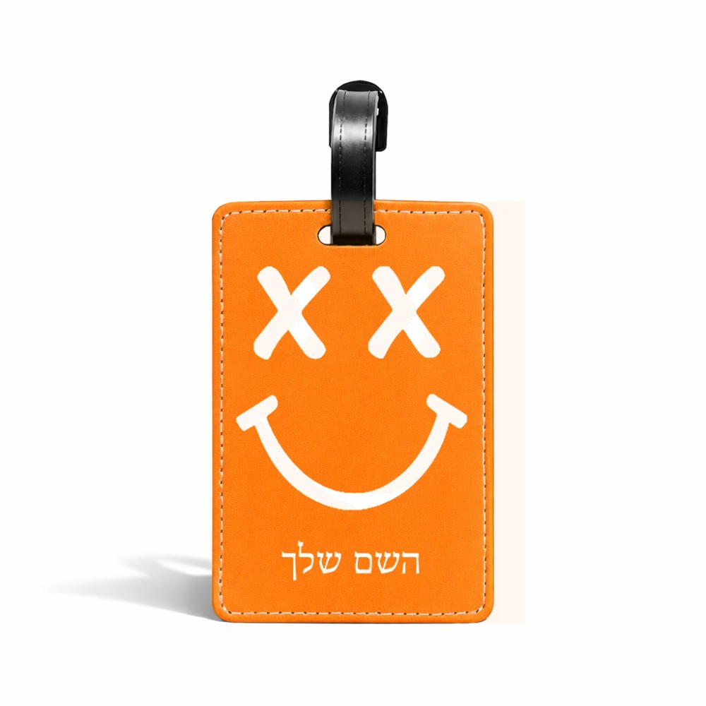 תווית לסימון מזוודה \ תיק בעיצוב אישי עם השם שלך בעיצוב סמיילי גודל 10.3 × 7 ס"מ