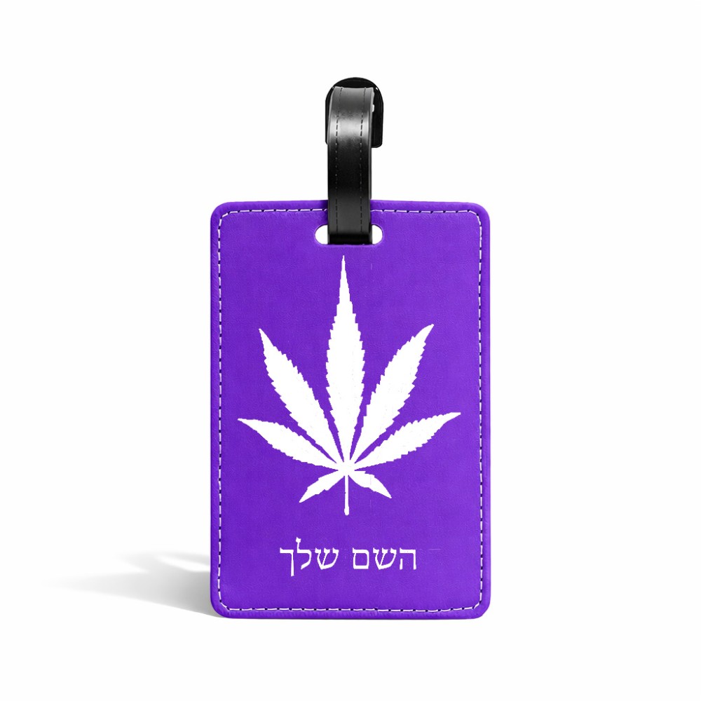 תווית לסימון מזוודה \ תיק בעיצוב אישי עם השם שלך בעיצוב עלה מריחואנה - גראס גודל 10.3 × 7 ס"מ
