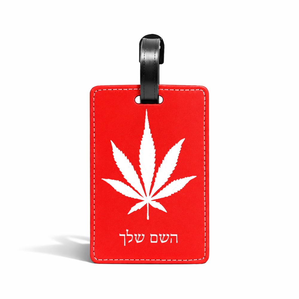 תווית לסימון מזוודה \ תיק בעיצוב אישי עם השם שלך בעיצוב עלה מריחואנה - גראס גודל 10.3 × 7 ס"מ