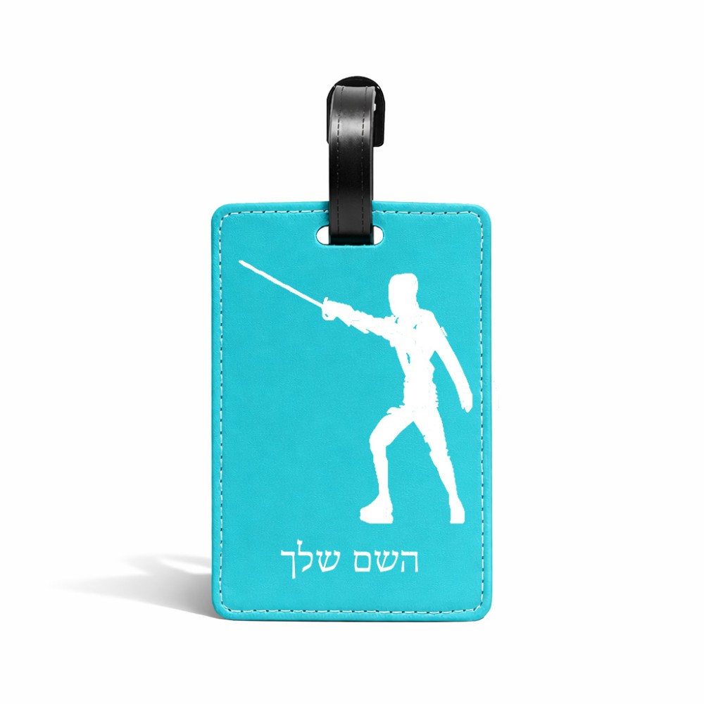 תווית לסימון מזוודה \ תיק בעיצוב אישי עם השם שלך בעיצוב לוחם סייף גודל 10.3 × 7 ס"מ