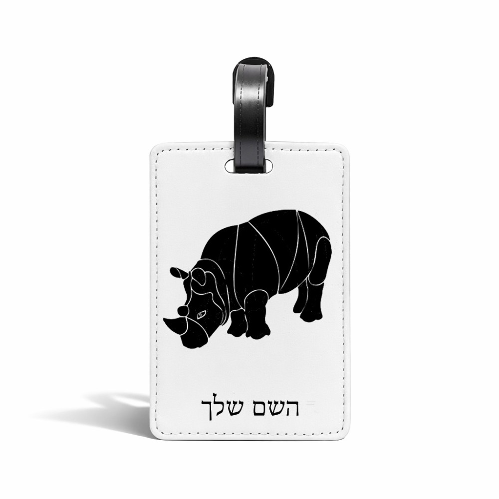 תווית לסימון מזוודה \ תיק בעיצוב אישי עם השם שלך בעיצוב קרנף גודל 10.3 × 7 ס"מ