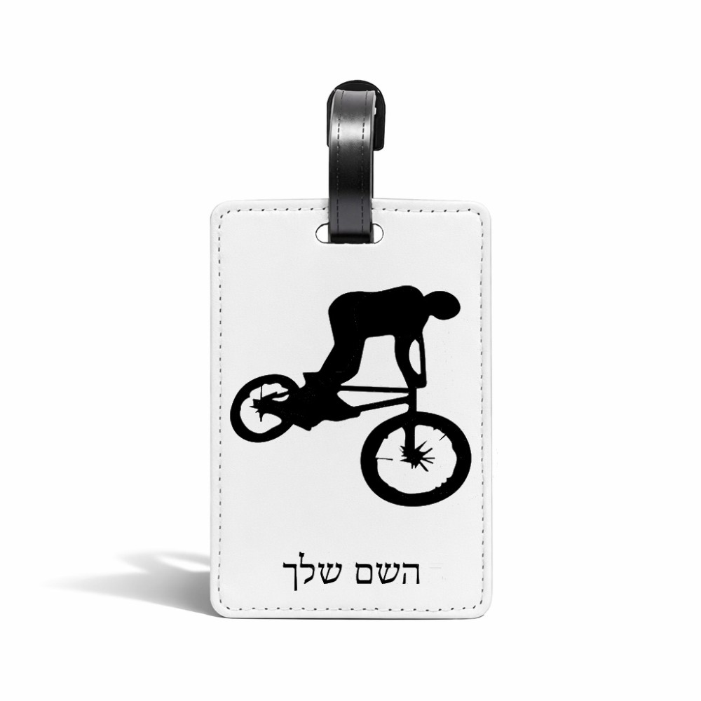 תווית לסימון מזוודה \ תיק בעיצוב אישי עם השם שלך בעיצוב רוכב אופניים גודל 10.3 × 7 ס"מ