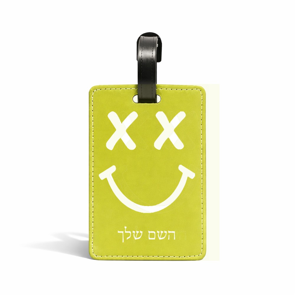 תווית לסימון מזוודה \ תיק בעיצוב אישי עם השם שלך בעיצוב סמיילי גודל 10.3 × 7 ס"מ