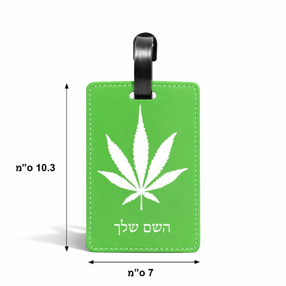תווית לסימון מזוודה \ תיק בעיצוב אישי עם השם שלך בעיצוב עלה מריחואנה - גראס גודל 10.3 × 7 ס"מ
