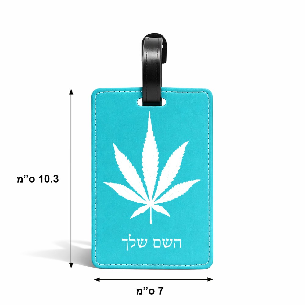 תווית לסימון מזוודה \ תיק בעיצוב אישי עם השם שלך בעיצוב עלה מריחואנה - גראס גודל 10.3 × 7 ס"מ