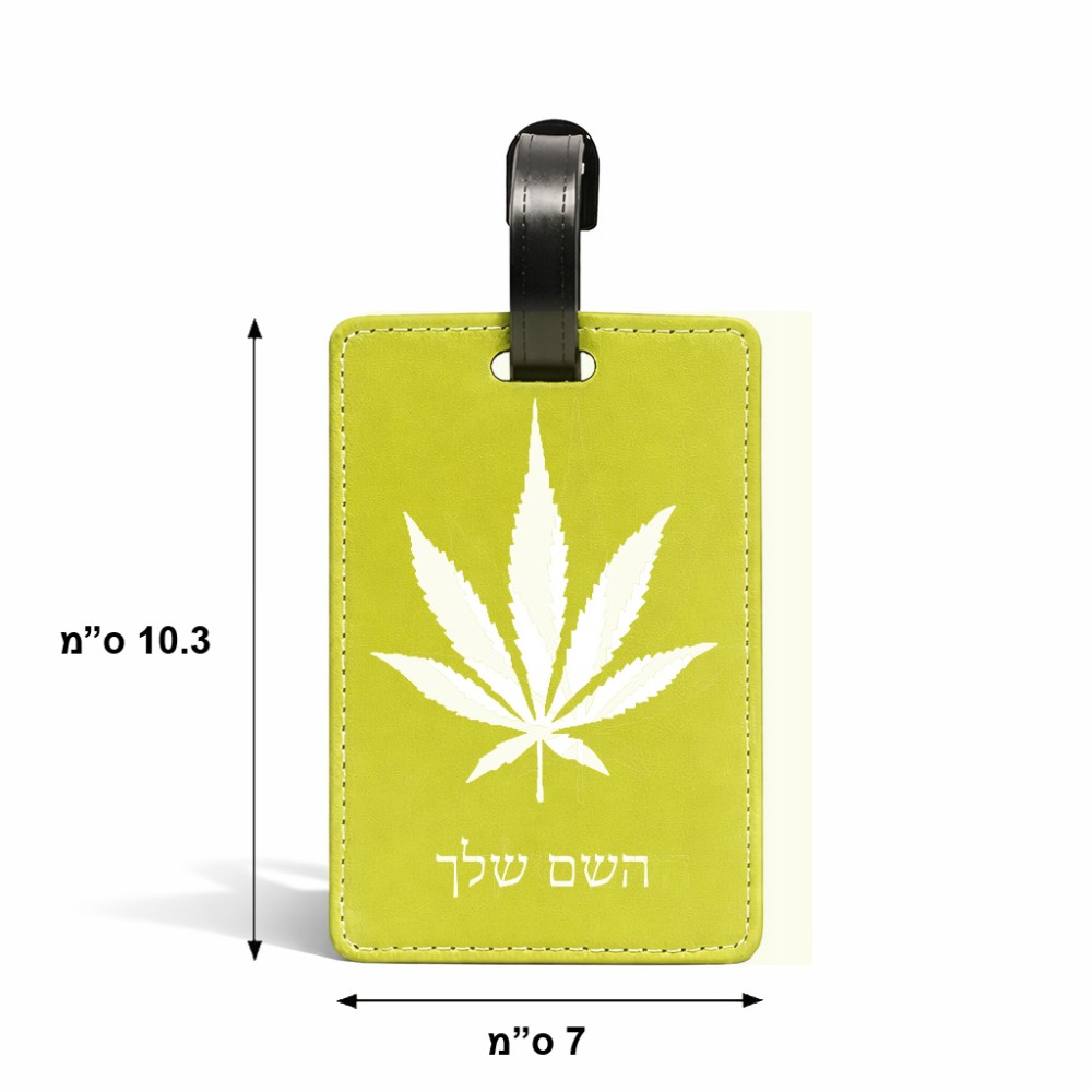 תווית לסימון מזוודה \ תיק בעיצוב אישי עם השם שלך בעיצוב עלה מריחואנה - גראס גודל 10.3 × 7 ס"מ