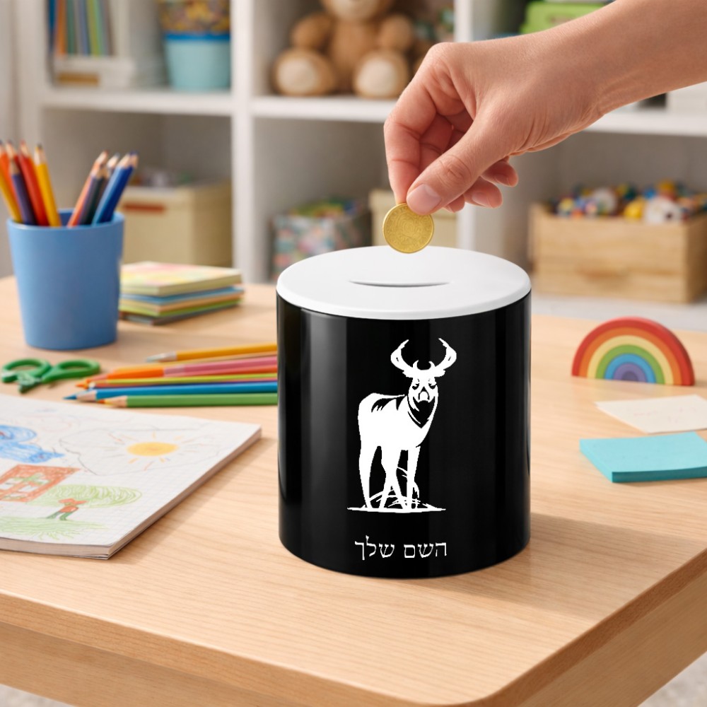 קופת צדקה \ חיסכון קרמית בעיצוב אישי עם השם שלך בעיצוב צבי גודל הקופה 20 × 25 ס"מ