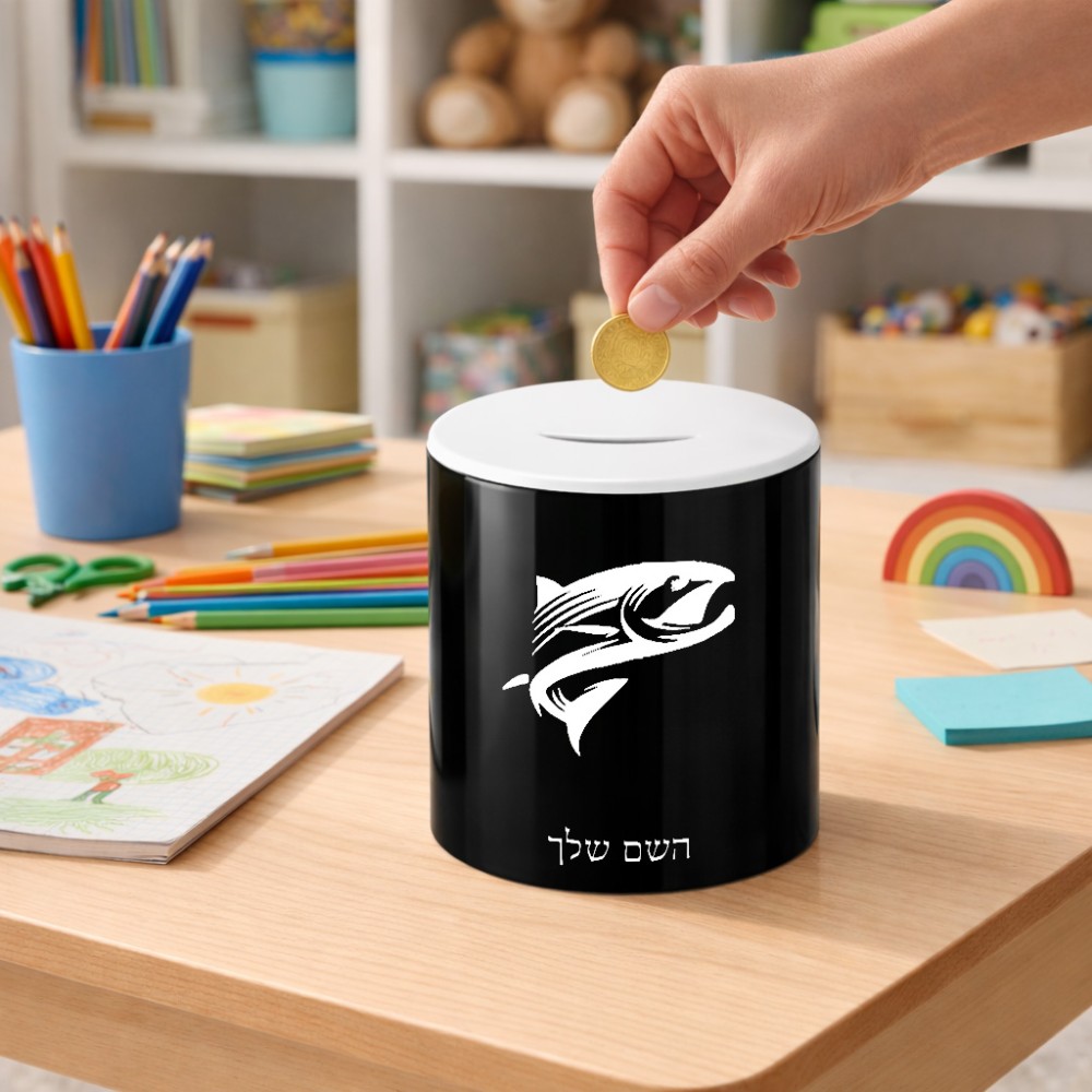 קופת צדקה \ חיסכון קרמית בעיצוב אישי עם השם שלך בעיצוב לדוג גודל הקופה 20 × 25 ס"מ